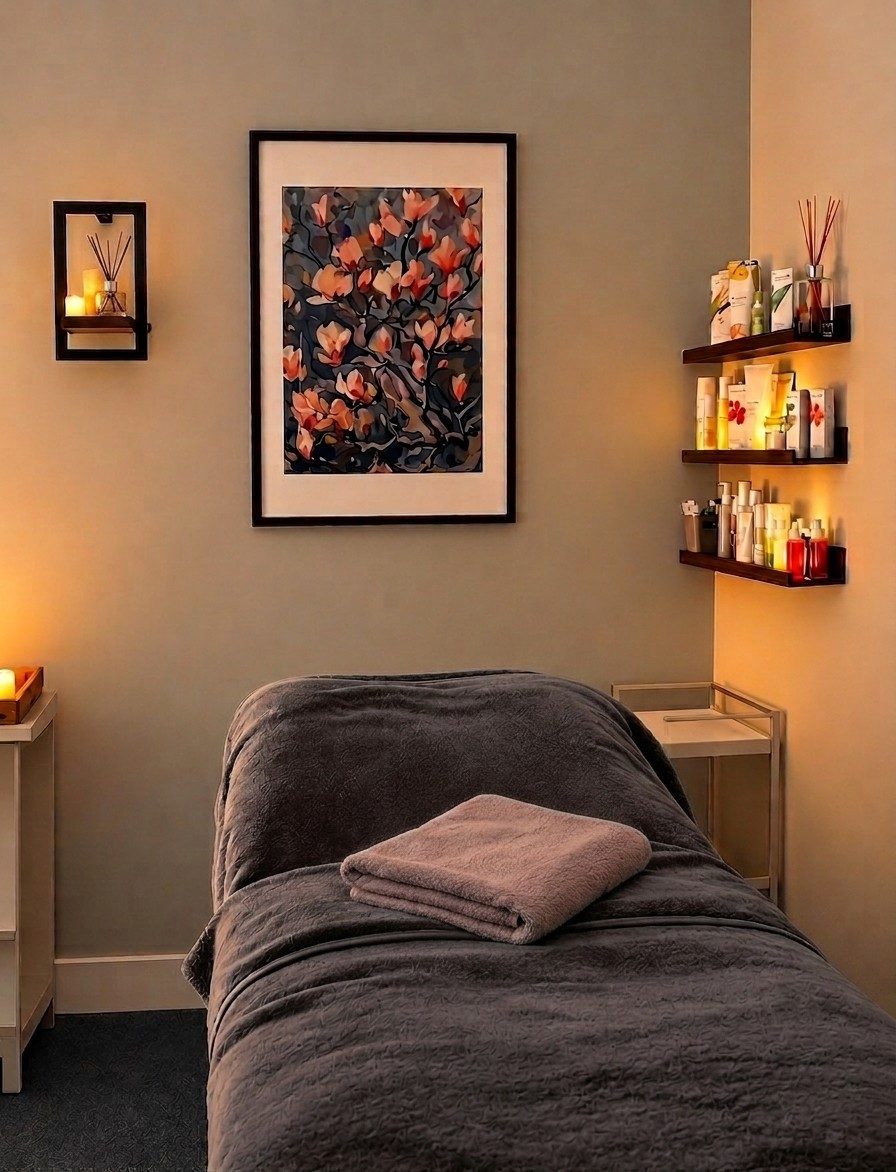 The treatment room at Magnolia Massage & Wellbeing, softly lit with candles, a magnolia print and a warm blanket on the treatment couch.